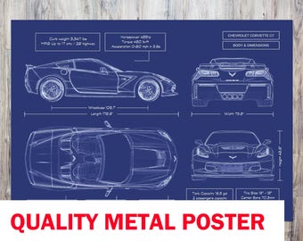 Chevrolet Corvette C7 Blueprint Metal Poster – 2014–2019 Car Wall Art, Garage Decor & Automotive Gift for Him or Dad