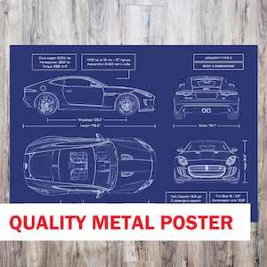 Jaguar F-TYPE S 2013–2019 Blueprint Metal Poster – Luxury Sports Car Wall Art, Personalized Gift for Car Lovers, Doctors & Entrepreneurs image 1