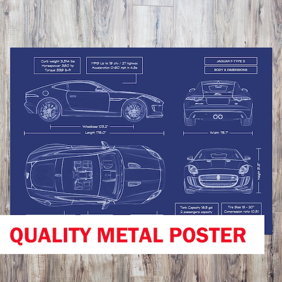 Jaguar F-TYPE S 2013–2019 Blueprint Metal Poster – Luxury Sports Car Wall Art, Personalized Gift for Car Lovers, Doctors & Entrepreneurs
