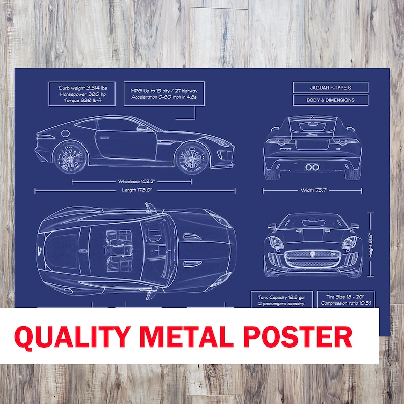 Jaguar F-TYPE S 2013–2019 Blueprint Metal Poster – Luxury Sports Car Wall Art, Personalized Gift for Car Lovers, Doctors & Entrepreneurs image 1