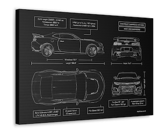 Chevrolet Camaro ZL1 Blueprint Canvas in Black | 2017 -2024 | Gift for Camaro Owner | Car Enthusiast Gift | Gift for Husband | Gift for Him