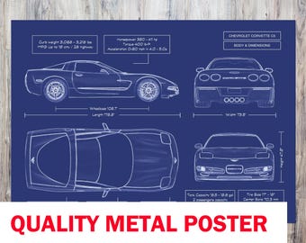 Chevrolet Corvette C5 Blueprint Metal Poster – 1997–2004 Car Wall Art, Garage Decor & Automotive Gift for Him or Dad