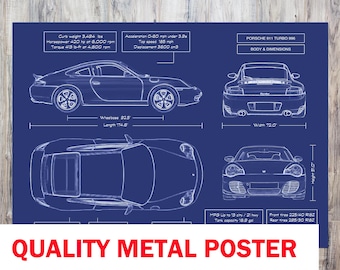 Póster metálico con planos del Porsche 911 Turbo 996 2000-2005: arte mural clásico de superdeportivo para garaje, oficina o estudio.
