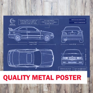 BMW M3 E36 METAL Print | 1990-2000 | Car Blueprint Poster | Car Enthusiast Lover Gift | BMW owner gift | Gift For Dad