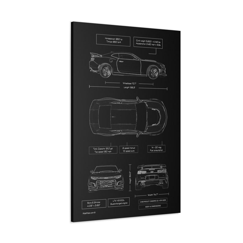 Chevy Camaro ZL1 6th Gen Blueprint Canvas in Black | Camaro ZL1 Owner Gift for Him | Car Enthusiast Lover Gift | Camaro ZL1 Wall Decor image 4