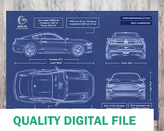 Ford Mustang Bullitt Gift for Him | DIGITAL Car Art File | 2019 - 2020 | Automotive Blueprint Wall Art | Office Garage Decor | Gift for Him
