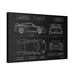 Porsche GT3 RS Blueprint Canvas in Black Ready to Display | 2018 - 2019 | Gift for him | Car Enthusiast Gift | Porsche Gift