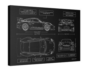 Porsche GT3 RS Blueprint Canvas in Black Ready to Display | 2018 - 2019 | Gift for him | Car Enthusiast Gift | Porsche Gift