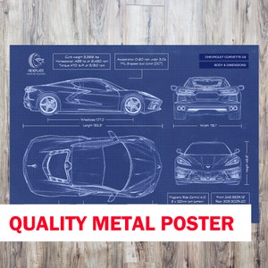 Chevrolet Corvette C8 Metal Blueprint | 2020-2024 | Corvette Enthusiast Gift | Automotive Wall Art | Car Drawing | Anniversary Gift for Him