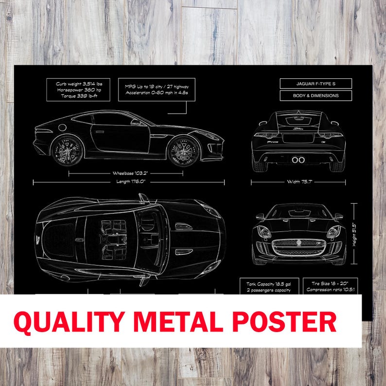 Jaguar F-TYPE S 2013–2019 Blueprint Metal Poster – Luxury Sports Car Wall Art, Personalized Gift for Car Lovers, Doctors & Entrepreneurs image 2