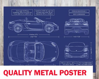 Porsche Boxster 981 S 2012-2016 Blueprint Metal Poster – Roadster Art for Garage, Office or Man Cave – Custom Gift for Car Lovers