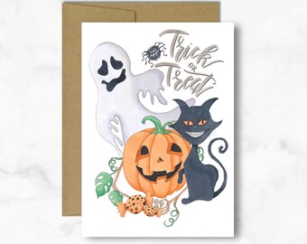 Artsy Halloween Greeting Card: Jack-o-Lantern, Ghost & Black Cat