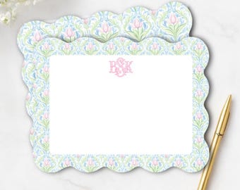 Personalized Flat Notecards, Scalloped Stationery, 5.5 x 4.25 Note Cards with Envelopes