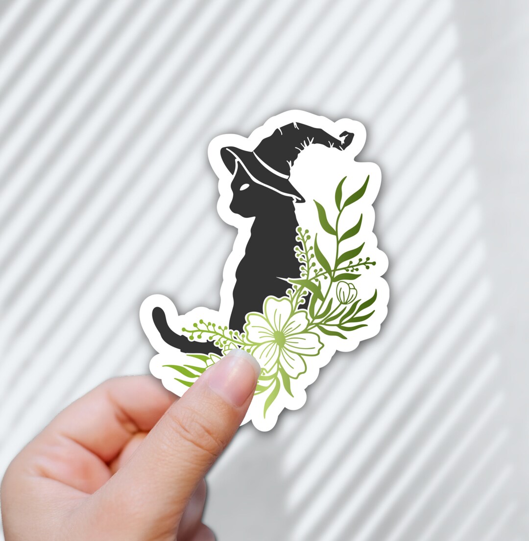 Halloween Black Cat Sticker: Witch Hat, Floral, Laminated Vinyl - Etsy
