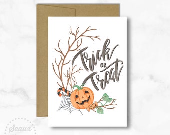 Halloween Greeting Card; Artsy Halloween Card; Trick or Treat Greeting card; Handmade Greeting Card; Jack-o-Lantern Greeting Card