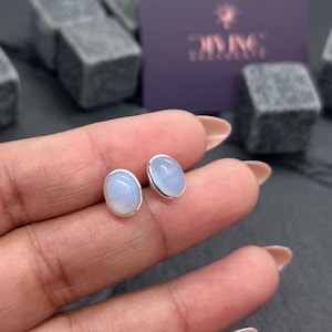 Blue Chalcedony 925 Sterling Silver Oval Shape Gemstone Stud Earring