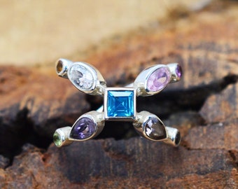 8 Topaz Amethyst 925 Sterling Silver Natural Yellow Citrine Multi Gemstone Cross design elegant Ring Size UK P USA
