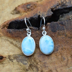 Larimar 925 Sterling Silver Natural Gemstone 1 Pair Hook Earring ~ Handmade Jewelry ~ Oval Shape Earring ~ Gift For Birthday