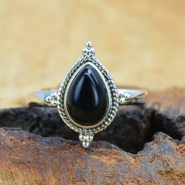 Black Onyx 925 Sterling Silver Pear Shape Ring