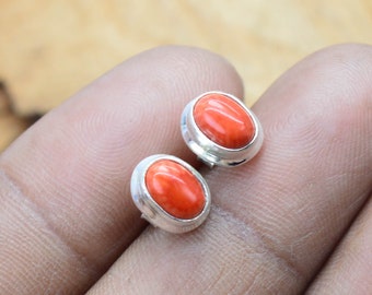 Red Coral Sterling Silver Stud Earrings: Handmade Oval Gemstone Jewelry
