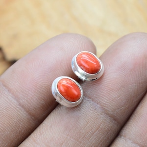 Rote Koralle 925 Sterling Silber 1 Paar Oval Ohrstecker ~ handgemachter Schmuck ~ Edelstein Ohrstecker ~ Rote Koralle ~ Geschenk für Weihnachten