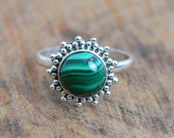 Malachite Flower Ring: Green Gemstone, 925 Sterling Silver
