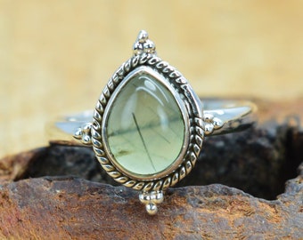 Green Prehnite 925 Sterling Silver Pear Shape Ring