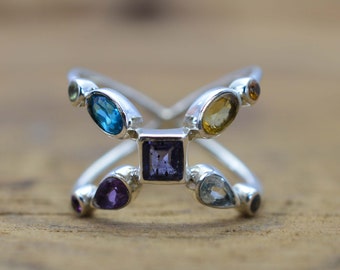 8 Topaz Amethyst 925 Sterling Silver Natural Yellow Citrine Multi Gemstone Cross design elegant Ring Size UK P USA