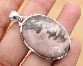 Real Rhodonite 925 Sterling Silver Pendant, Oval Gemstone Handmade Jewelry