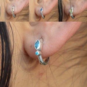 925 Sterling Silver Natural Blue Topaz / Moonstone / Onyx / Citrine / Garnet / Moonstone Gemstone Hoop 11mm Earring ~ Gift Earring