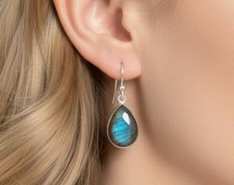 Pendientes de gancho de plata de ley 925 con labradorita y piedra lunar negra