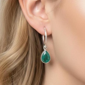 Emerald Hoop Earrings: 925 Sterling Silver Pear Drop, May Birthstone