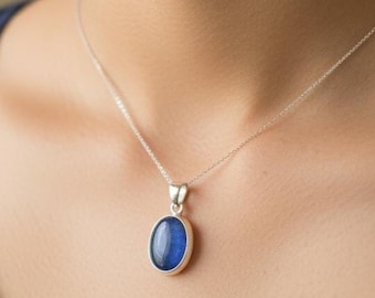Blue Kyanite 925 Sterling Silver Oval Gemstone Necklace, Handmade Kyanite Jewelry