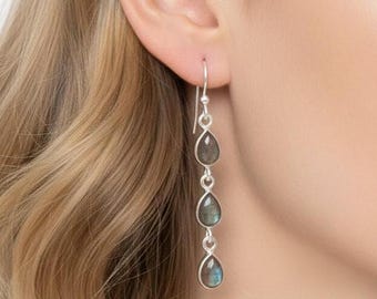 Labradorite 925 Silver Black Moonstone Gemstone Hook Earring