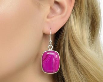 Orecchini a gancio in argento sterling con agata rosa del Botswana: gioielli con pietre preziose fatti a mano