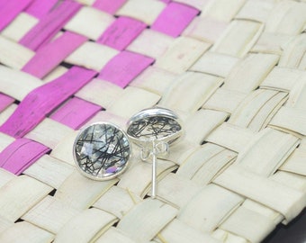 Black Rutile Quartz 925 Silver Stud Earrings: Faceted Round Shape