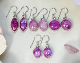 Natural Pink Rainbow Moonstone 925 Sterling Silver Minimalist Hook Earrings, Crystal Healing Gift for Women