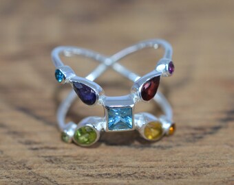 8 Topaz Amethyst 925 Sterling Silver Natural Yellow Citrine Multi Gemstone Cross design elegant Ring Size UK P USA