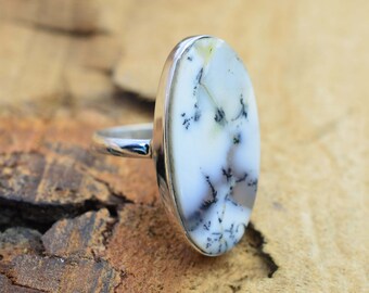 Dendritic Opal Cabochon Gemstone Sterling Silver Statement Ring Natural Stone Opal Gemstone Ring Unique Gift for Wife LynnsGemCreations