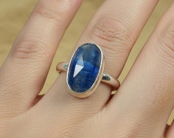 Blue Kyanite Ring: Oval Gemstone, 925 Sterling Silver, Handmade