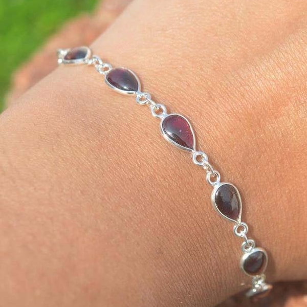 Bracelet ajustable en argent sterling 925 avec grenat rouge