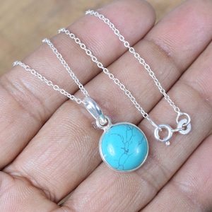 Blue Turquoise 925 Sterling Silver Round Shape Gemstone Pendant Jewelry w/ or w/o Chain Necklace ~ December Birthstone ~Gift For Christmas