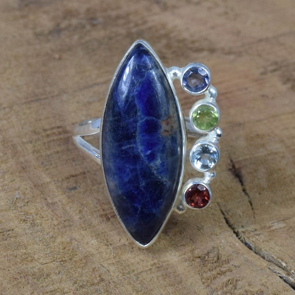 Blue Sodalite 925 Sterling Silver Multi Gemstone Elegant Ring Jewelry ~ Topaz ~ Blue Iolite ~ Gift For Anniversary ~ Ring Size US- 10/ UK- T