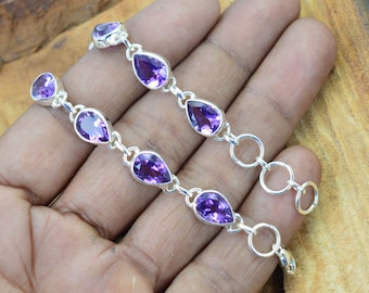 Natural Purple Amethyst 925 Silver Gemstone Faceted Adjustable Bracelet ~ Handmade Jewelry ~ Amethyst ~ Gift For Christmas ~10 Stone Jewelry