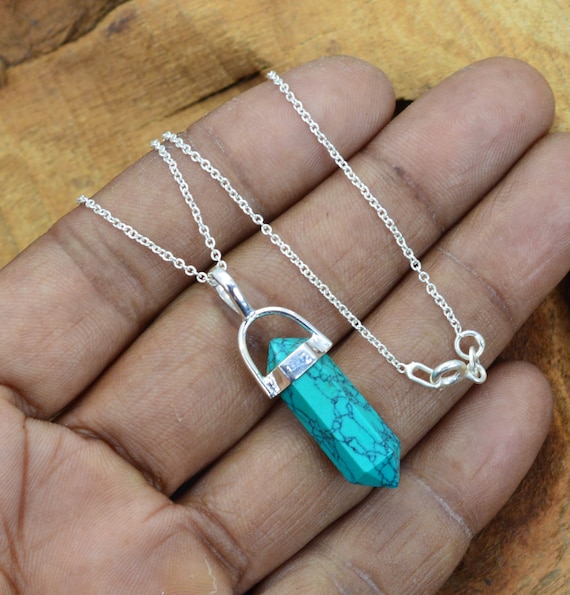 Pendentif En Argent 925 Avec Turquoise Crayon - Style Ethnique, Gravé, Neuf