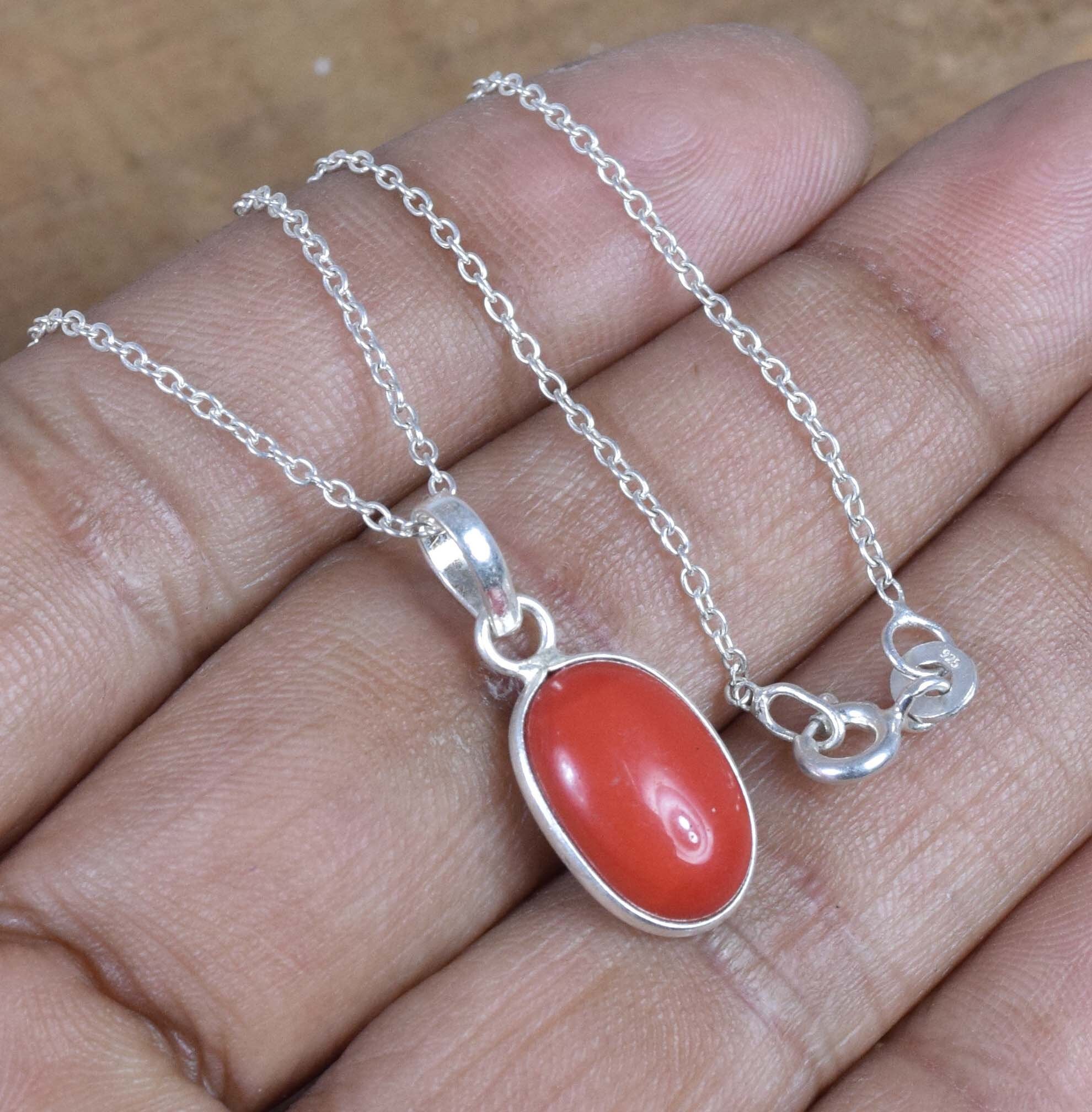 Pendentif En Argent 925 Fait Main - Pierre Soleil Rouge (lab-created), Réglable, Inde