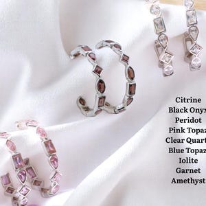 925 Sterling Silver Hoop Earring ~ Natural Citrine / Black Onyx / Clear Quartz / Peridot / Pink Topaz ~ Faceted gemstone / Push back hoop