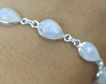 White Rainbow Moonstone 925 Silver 10 Stone Adjustable Bracelet