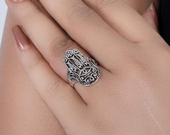 925 Sterling Silver Hamsa Ring, Bohemian Statement Jewelry