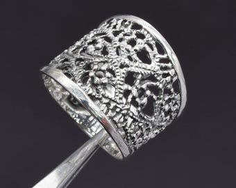 Plain 925 Sterling Silver Filigree Ring: Handmade Boho Statement Band Jewelry for Women